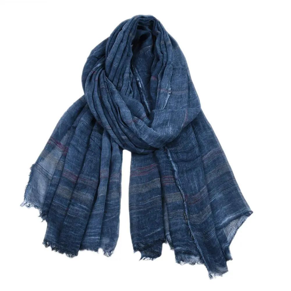 Kangqifen Unisex Striped Cotton Linen Scarf 75 x 35 inches Navy blue | Lightweight & Soft - main product image