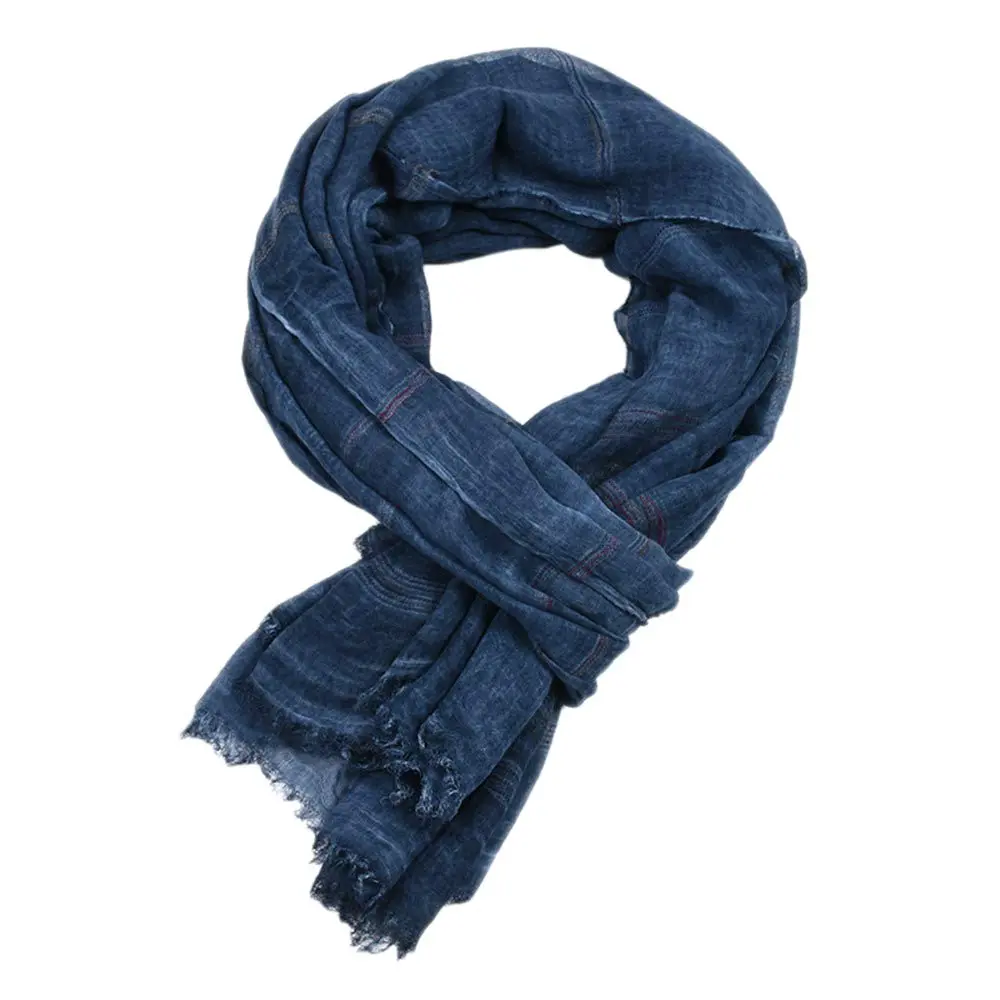 Kangqifen Unisex Striped Cotton Linen Scarf 75 x 35 inches Navy blue | Lightweight & Soft - view 2