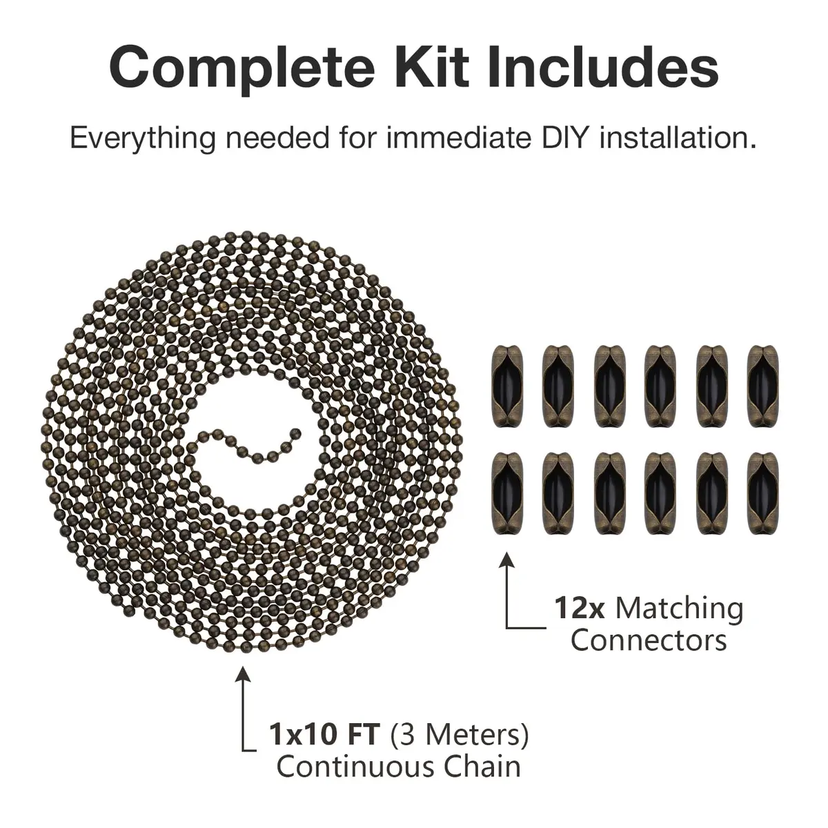 SmoTecQ Brass Fan Pull Chain Extension 3.0mm (10 ft / 305 cm) with 12 Connectors | Antique Bronze Finish - view 3