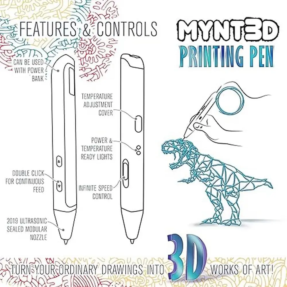 MYNT3D Super 3D Pen, 1.75mm ABS & PLA Compatible | Ergonomic, Clog-Proof, 3 Colors - view 4