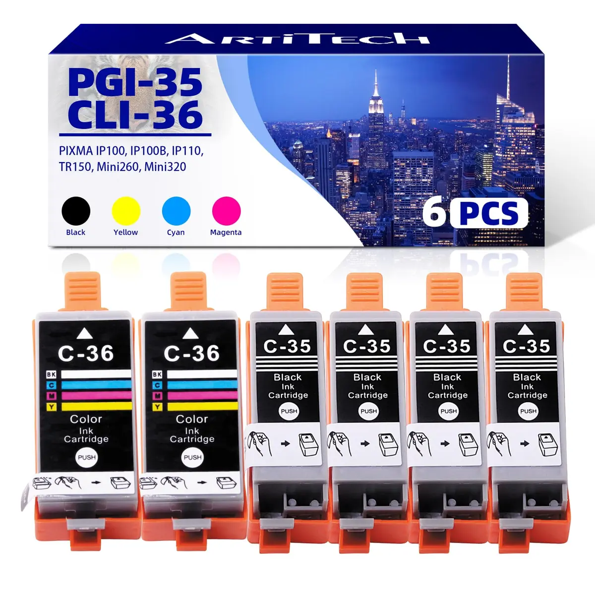 ARTITECH PGI-35 CLI-36 Ink Cartridges 6 Pack | Compatible with Canon PIXMA TR150 TR160 iP110 iP100 Mini260 Mini320 - main product image