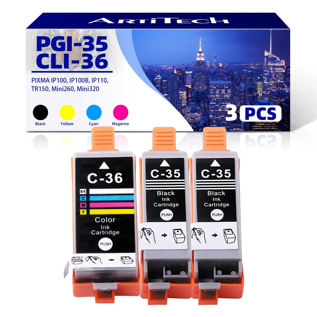 ARTITECH 3-Pack PGI-35 CLI-36 Ink Replacement for Canon 35 36 Ink Cartridges | Compatible with Canon PIXMA TR150 TR160 IP110 IP100 Mini260 Mini320 - main product image