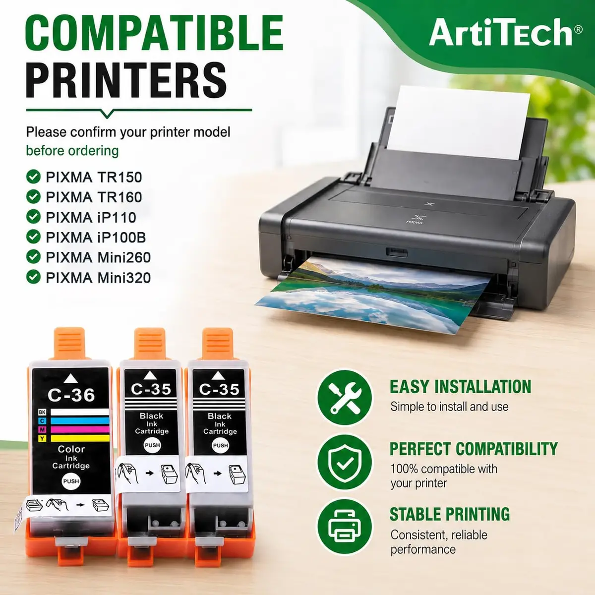 ARTITECH 3-Pack PGI-35 CLI-36 Ink Replacement for Canon 35 36 Ink Cartridges | Compatible with Canon PIXMA TR150 TR160 IP110 IP100 Mini260 Mini320 - view 2