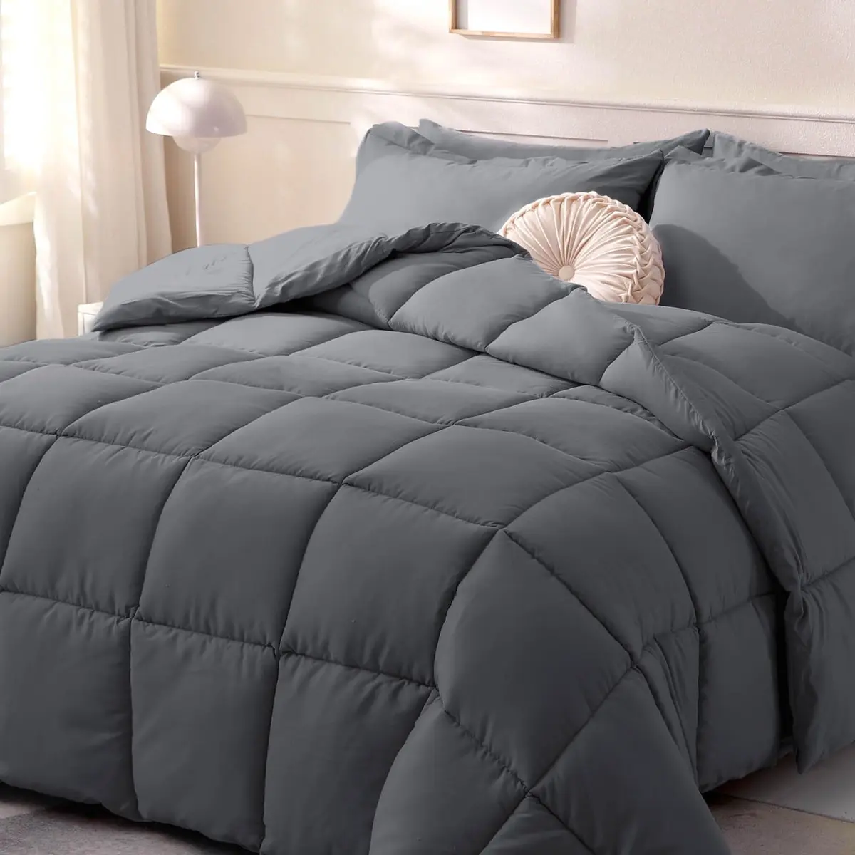 DOWNCOOL Comforters Queen Size, Dark Grey Duvet Insert, Lightweight Quilt | All-Season Microfiber - main product image