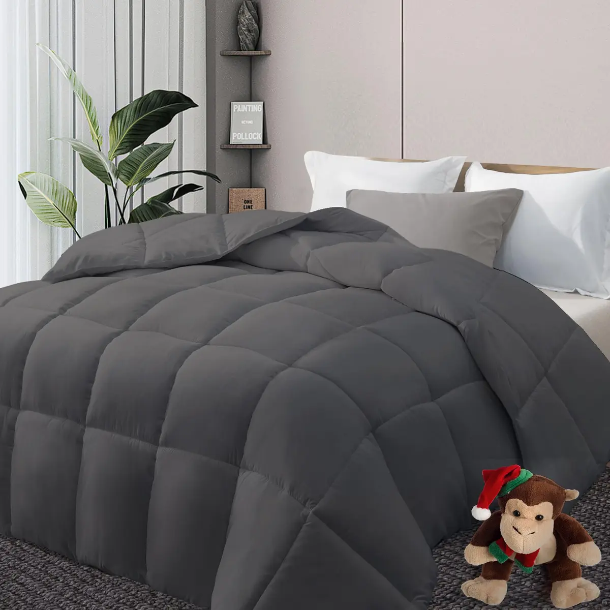 DOWNCOOL Comforters Queen Size, Dark Grey Duvet Insert, Lightweight Quilt | All-Season Microfiber - view 9