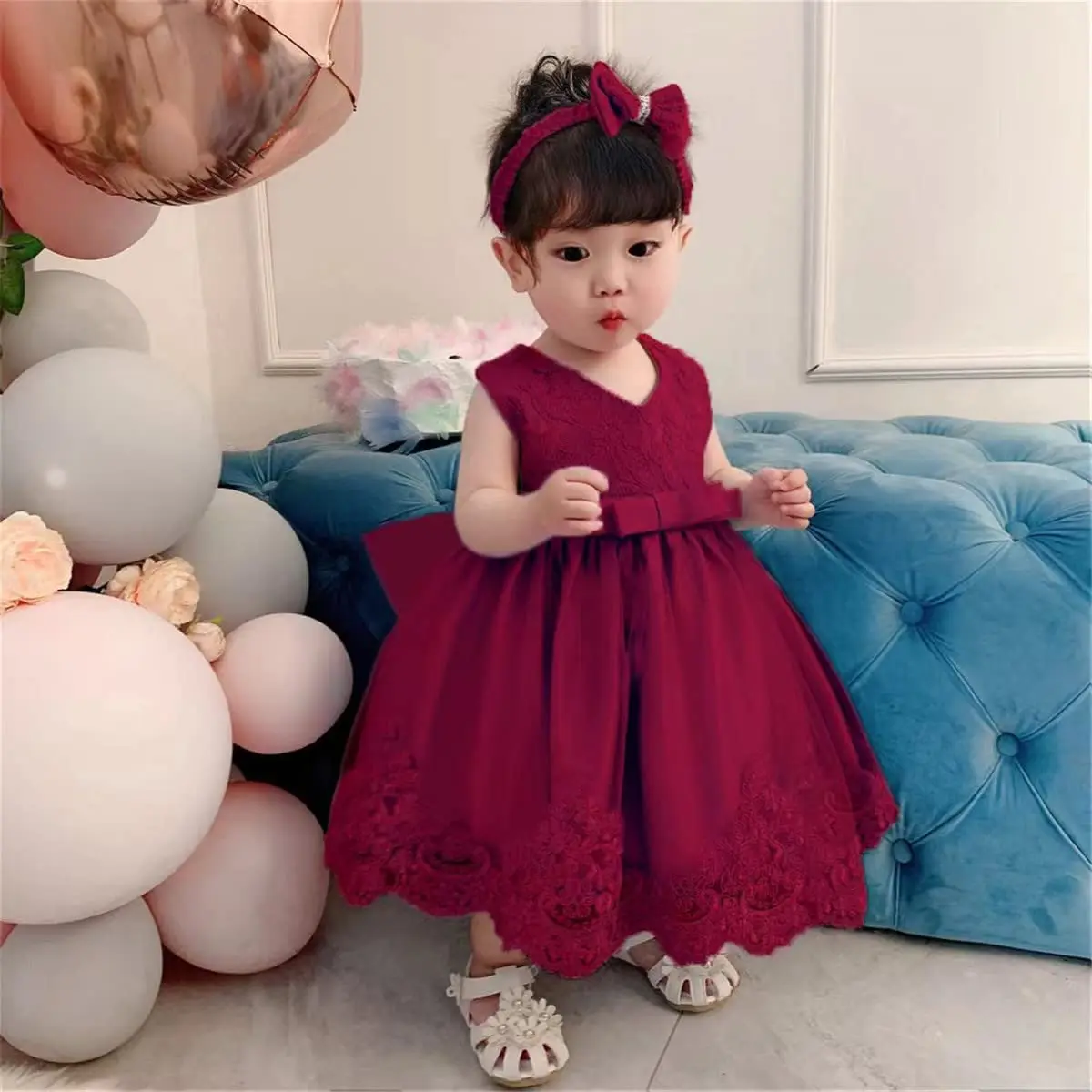 WZSYGDTC Baby Girls Christmas Embroidery Lace Dress 24M | Infant Formal Dress with V-Neck & Back Zip - view 2