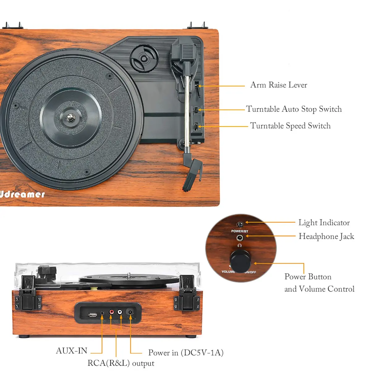 Udreamer Vinyl Record Player Wireless Turntable with Built-in Speakers & USB 32.5cm (12.8") | Belt-Driven for Clearer Sound - view 6