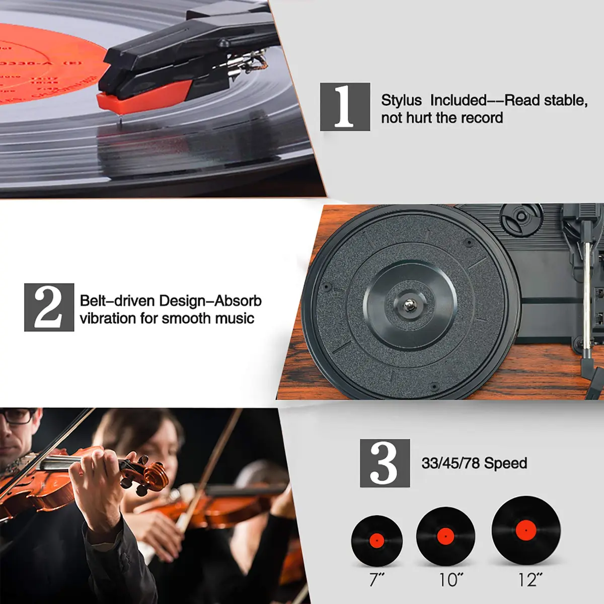 Udreamer Vinyl Record Player Wireless Turntable with Built-in Speakers & USB 32.5cm (12.8") | Belt-Driven for Clearer Sound - view 3