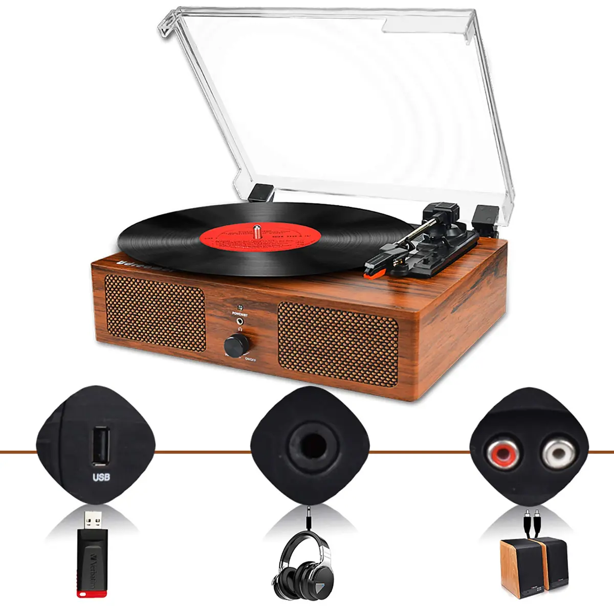 Udreamer Vinyl Record Player Wireless Turntable with Built-in Speakers & USB 32.5cm (12.8") | Belt-Driven for Clearer Sound - view 4