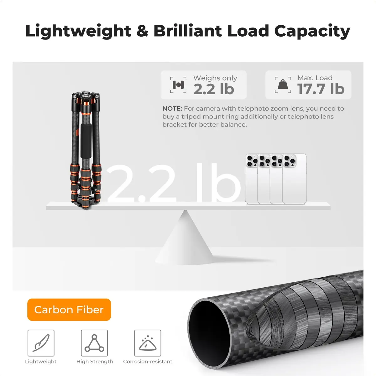 K&F CONCEPT 60" Carbon Fiber Camera Tripod with Detachable Monopod | Lightweight & Stable for DSLR - view 3