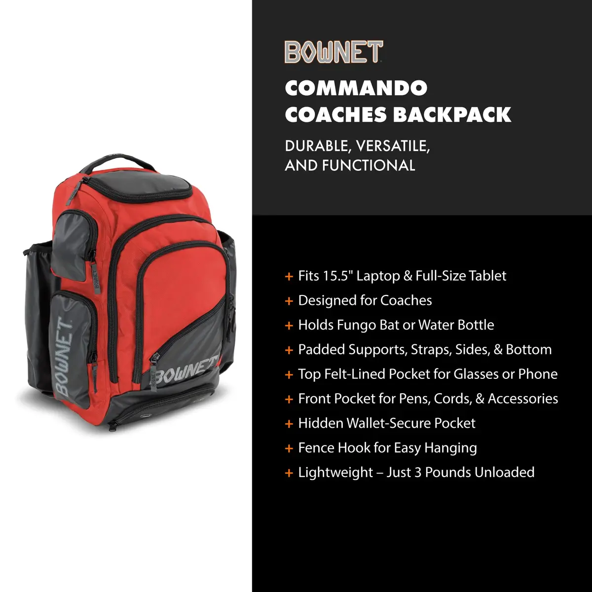 Bownet Commando Coaches Bat Bag, Fungo Holder & Laptop Pocket - Orange | Versatile Baseball & Softball Equipment Carrier - view 2