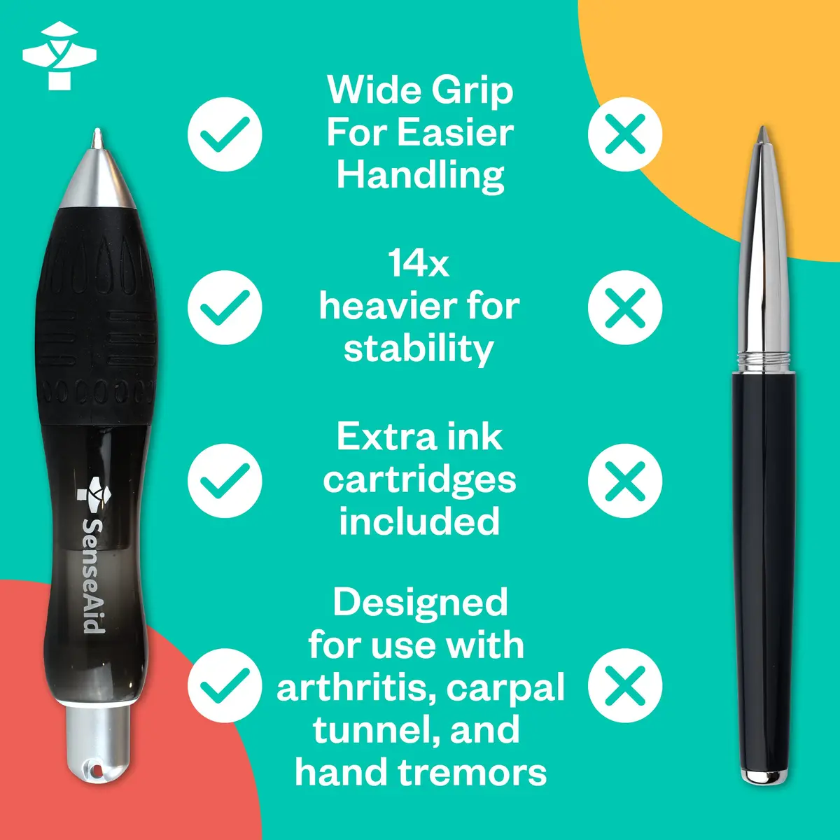 SenseAid Fat Heavy Weighted Pens (2 Pack) | Large Grip for Arthritis & Tremors - view 3