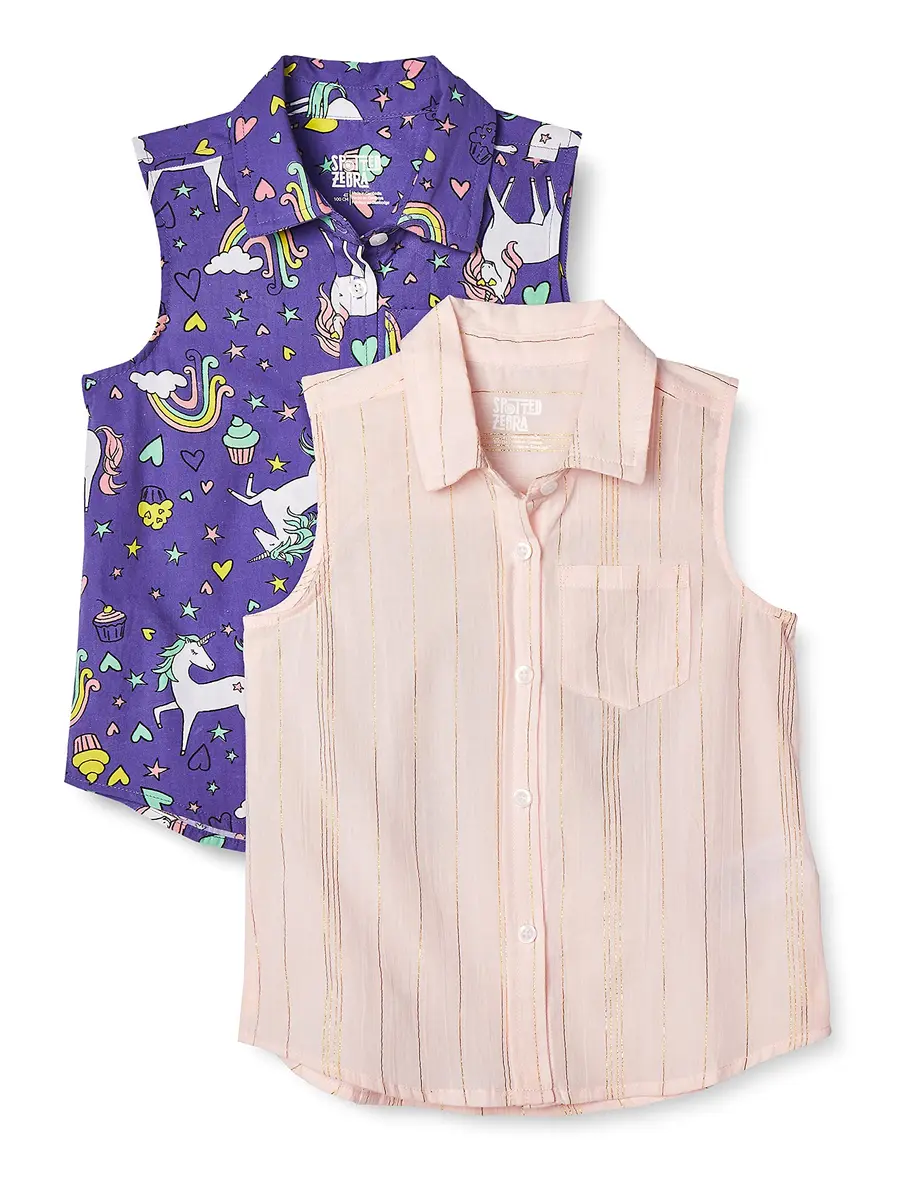 Spotted Zebra Girls' Sleeveless Woven Tops 2-Pack | Unicorn & Metallic Stripe | 2T - main product image