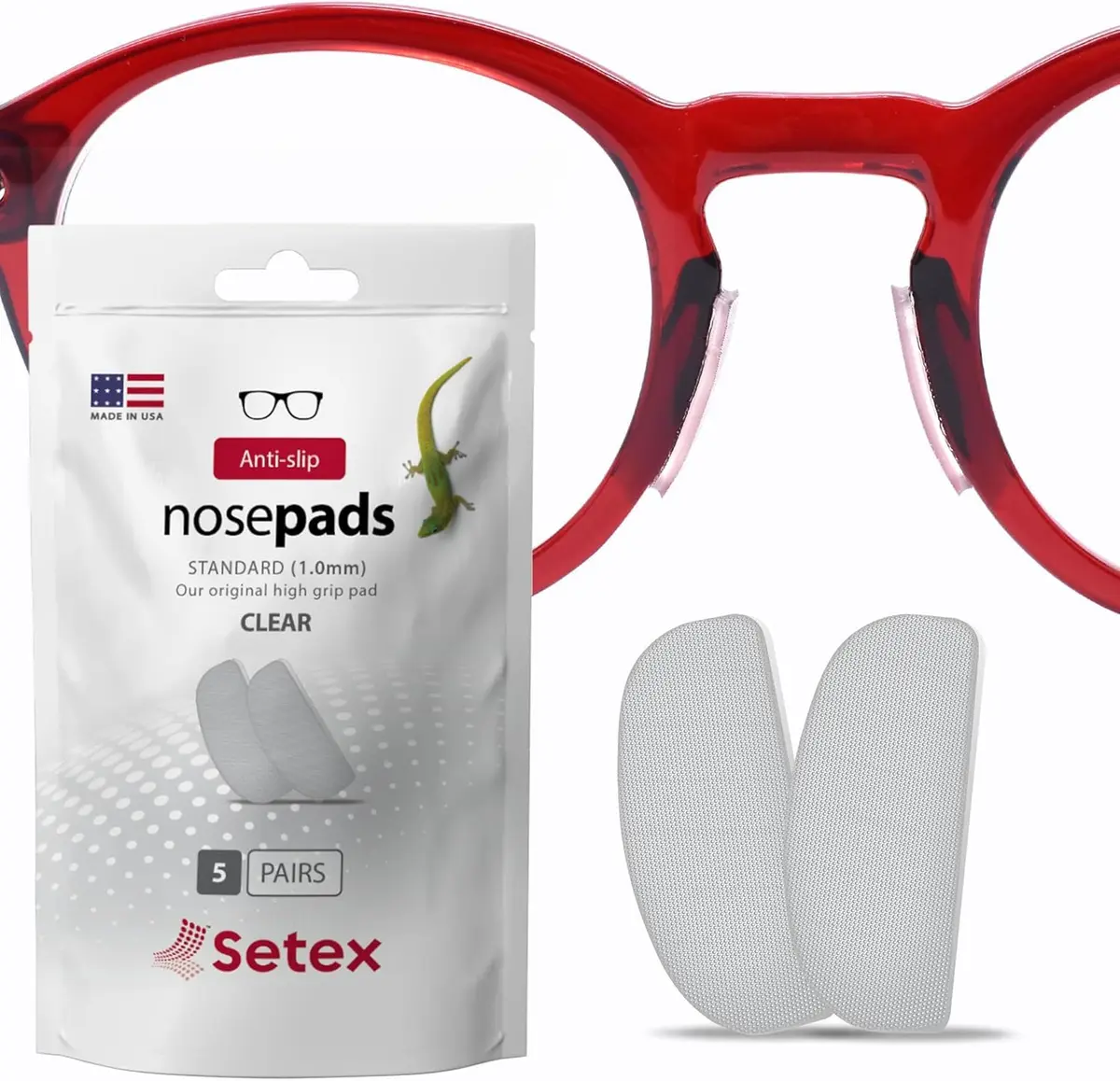 Setex Gecko Grip 1.0mm Anti Slip Nose Pads for Glasses, 5 Pair, Clear | Gecko-Inspired Microfiber Grip for Plastic Frames - main product image