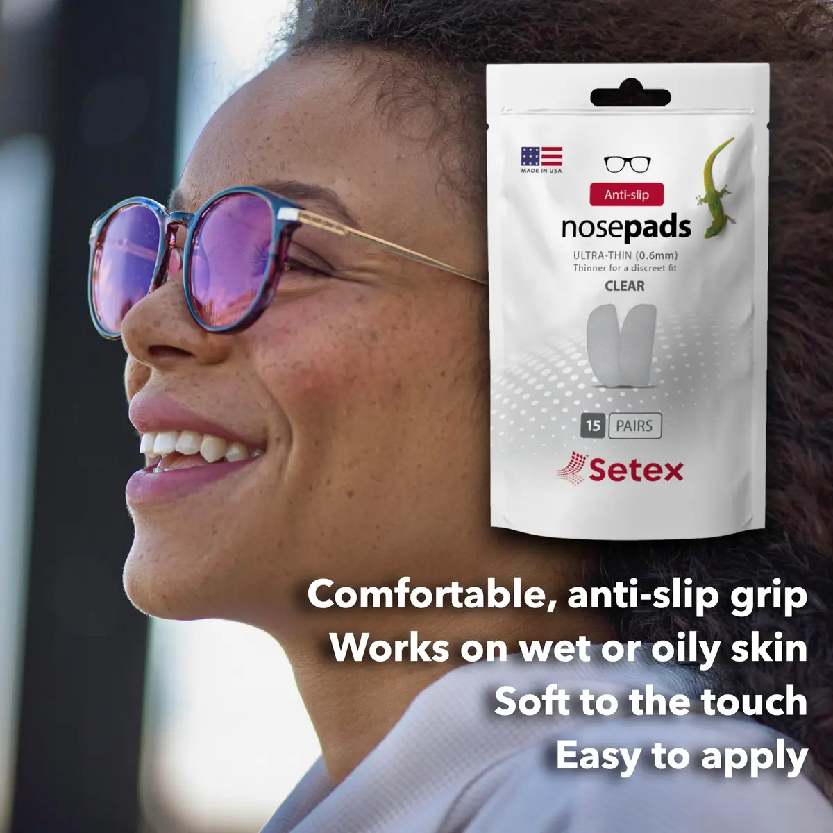 Setex Gecko Grip 1.0mm Anti Slip Nose Pads for Glasses, 5 Pair, Clear | Gecko-Inspired Microfiber Grip for Plastic Frames - view 2