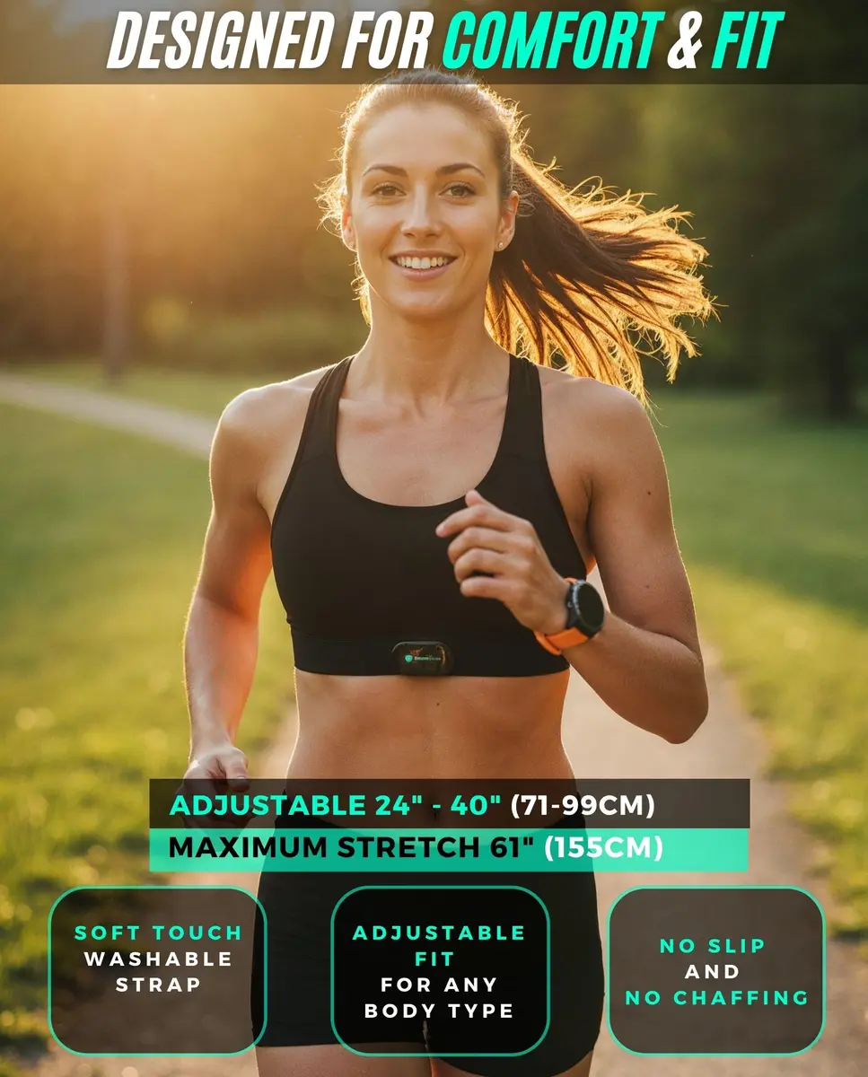 POWR LABS Bluetooth ANT+ Heart Rate Monitor Chest Strap | Dual Connectivity, IPX67 Sweatproof, Adjustable Fit (61 x 1.5 x 0.15 inches) - view 4