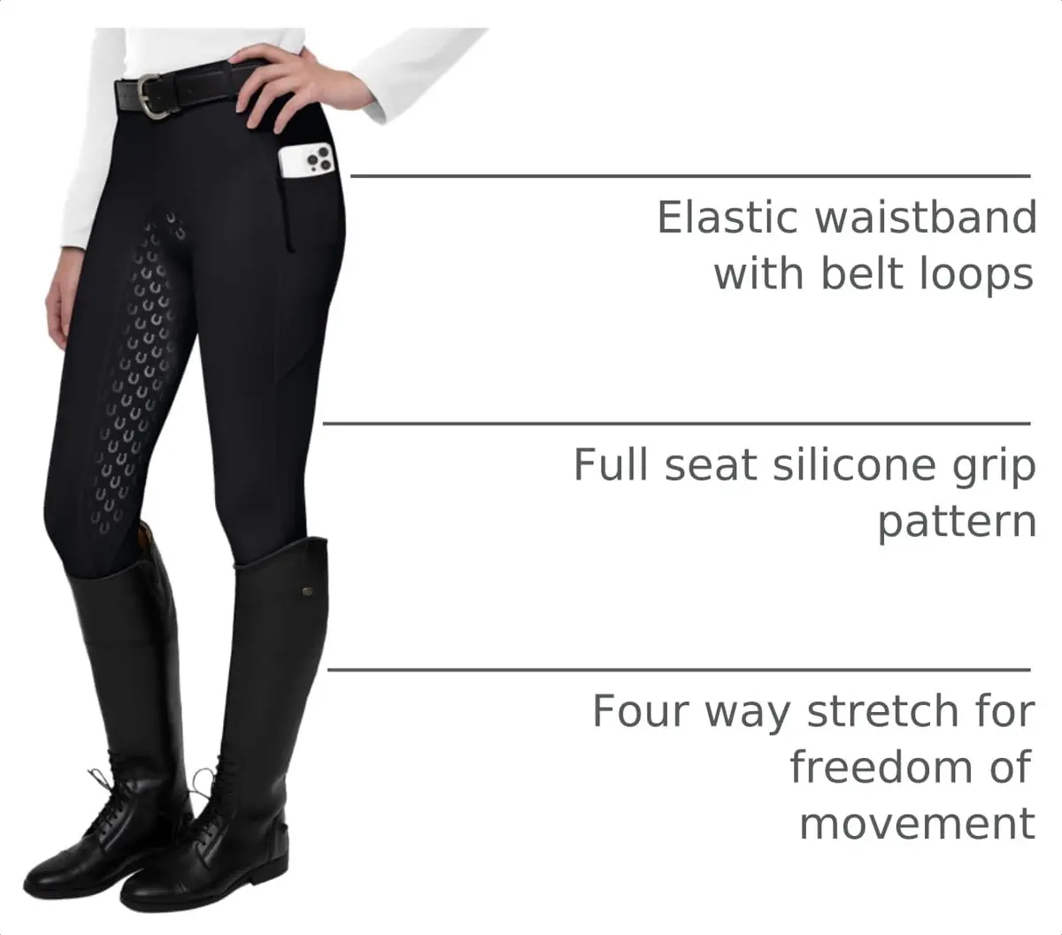 FitsT4 Sports Women's Full Seat Riding Tights Active Silicon Grip Horse Breeches Black XL | Four-Way Stretch & Extra Grip - view 4