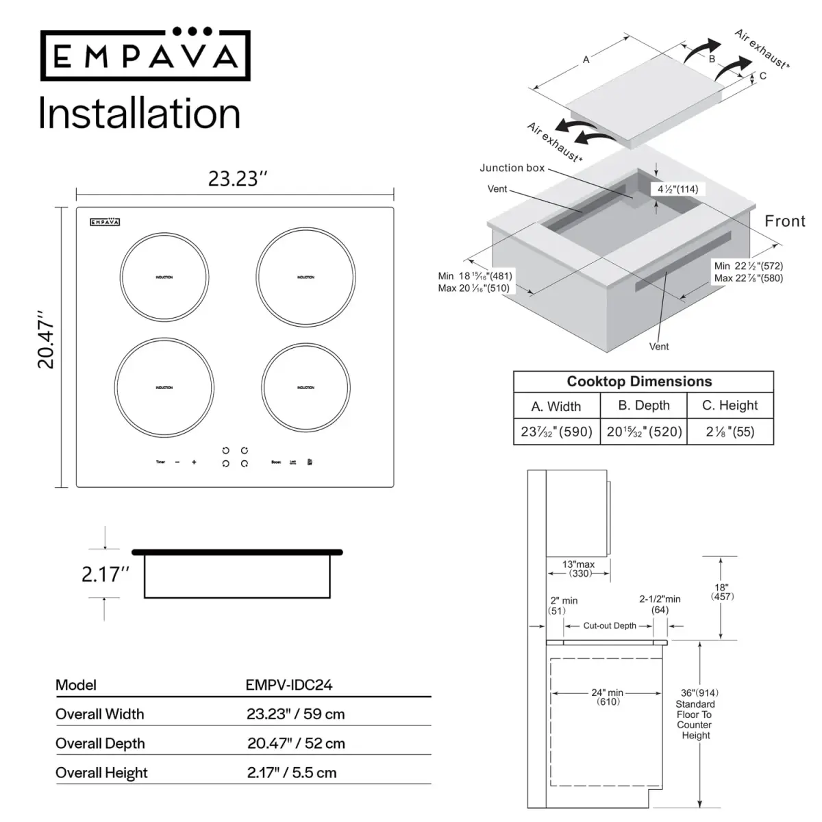 Empava Ease 24" Induction Cooktop 4 Burner, Drop-in, Hardwired | ETL Certified 7400W 220V Compatible - view 7