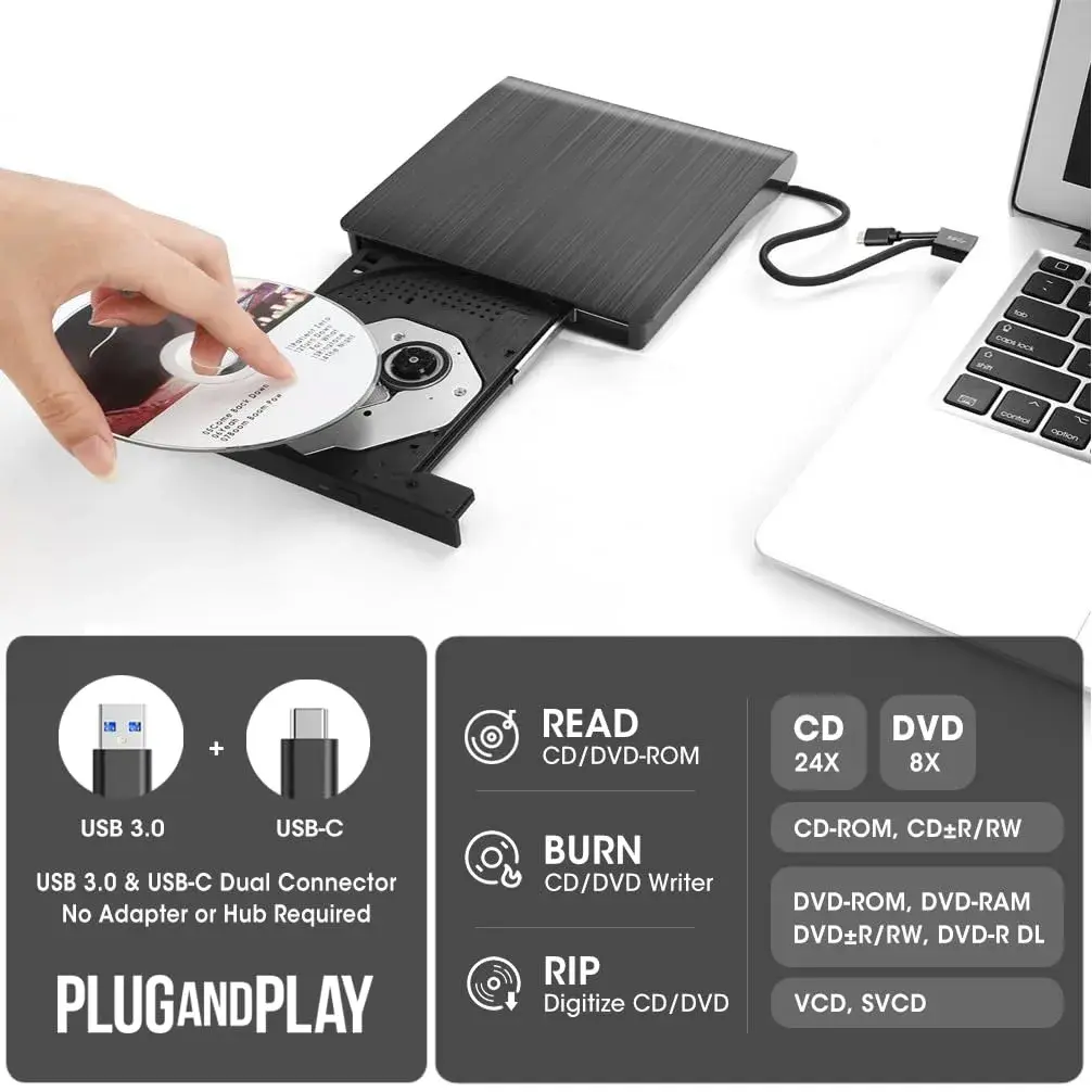 ROOFULL External CD DVD Drive with Carrying Case | USB 3.0 Type-C for Laptop & PC - view 2