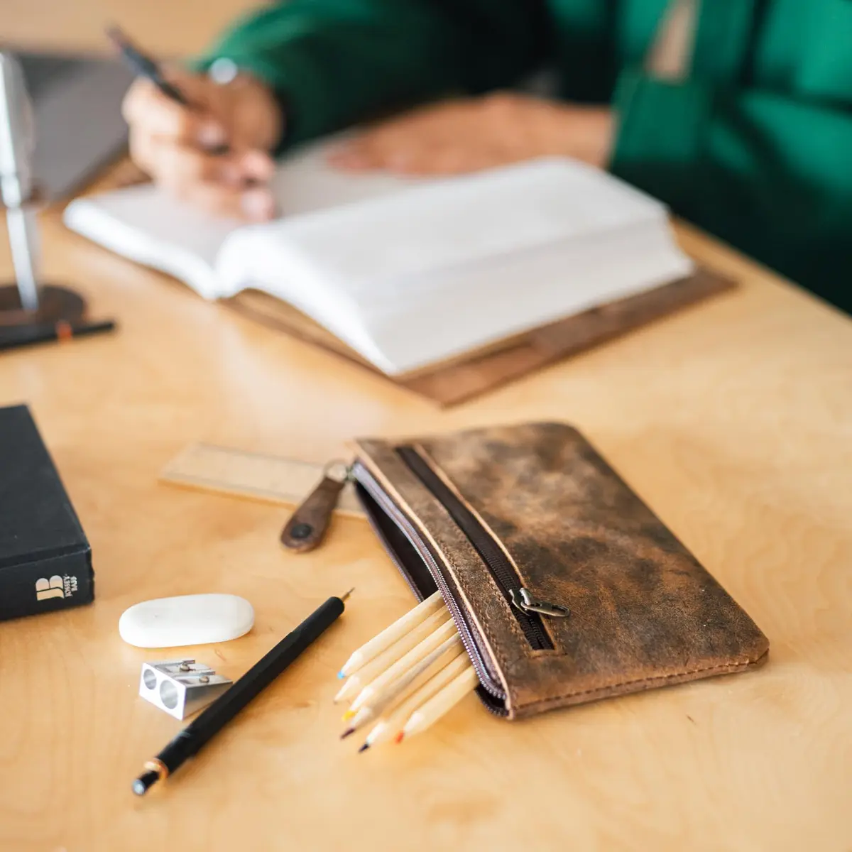 moonster Full-Grain Buffalo Leather Pen Case, 8x4 Inch | Handmade Small Leather Pouch for Pens & Stationery - view 5