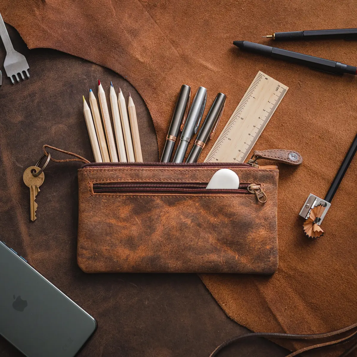 moonster Full-Grain Buffalo Leather Pen Case, 8x4 Inch | Handmade Small Leather Pouch for Pens & Stationery - view 6