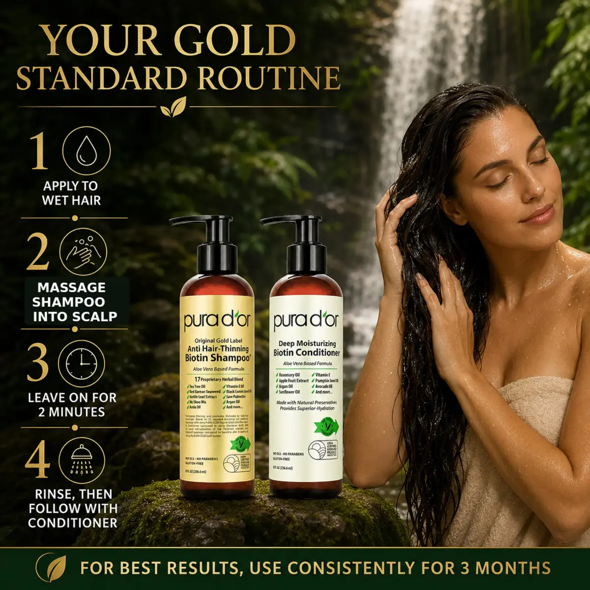 PURA D'OR Original Gold Label Anti-Thinning Biotin Shampoo & Conditioner Set 473ml (16 Fl Oz) | Clinically Tested for Hair Regrowth & Strength - view 7