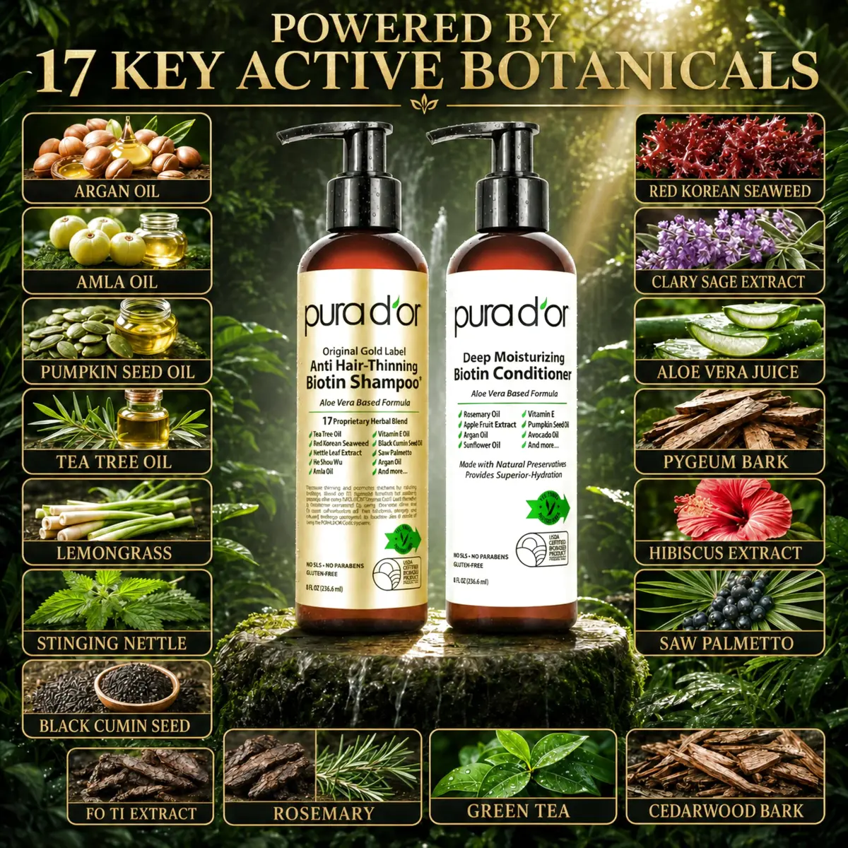 PURA D'OR Original Gold Label Anti-Thinning Biotin Shampoo & Conditioner Set 473ml (16 Fl Oz) | Clinically Tested for Hair Regrowth & Strength - view 4