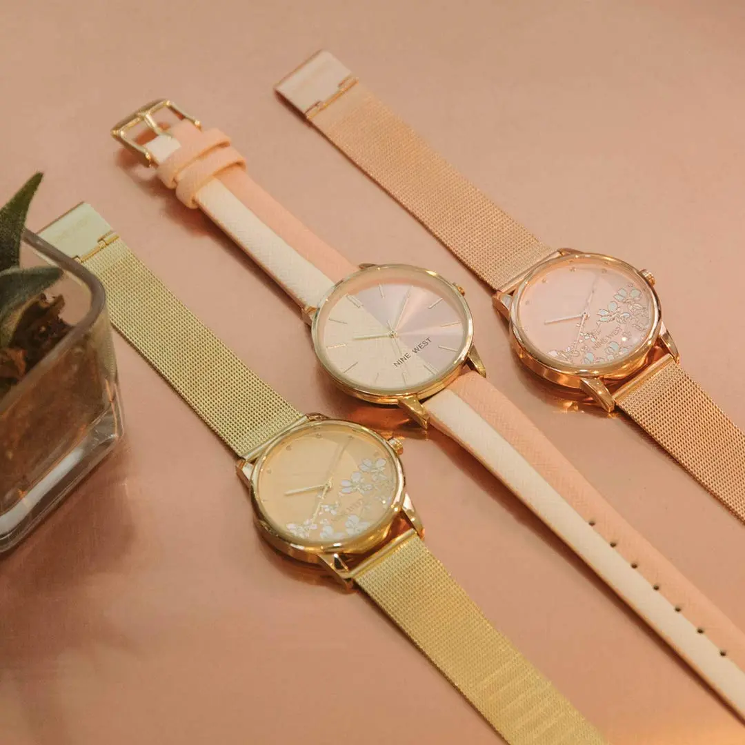 Nine West Women's Bracelet Watch 35mm Gold Mesh | Floral Dial, Quartz Movement - view 3