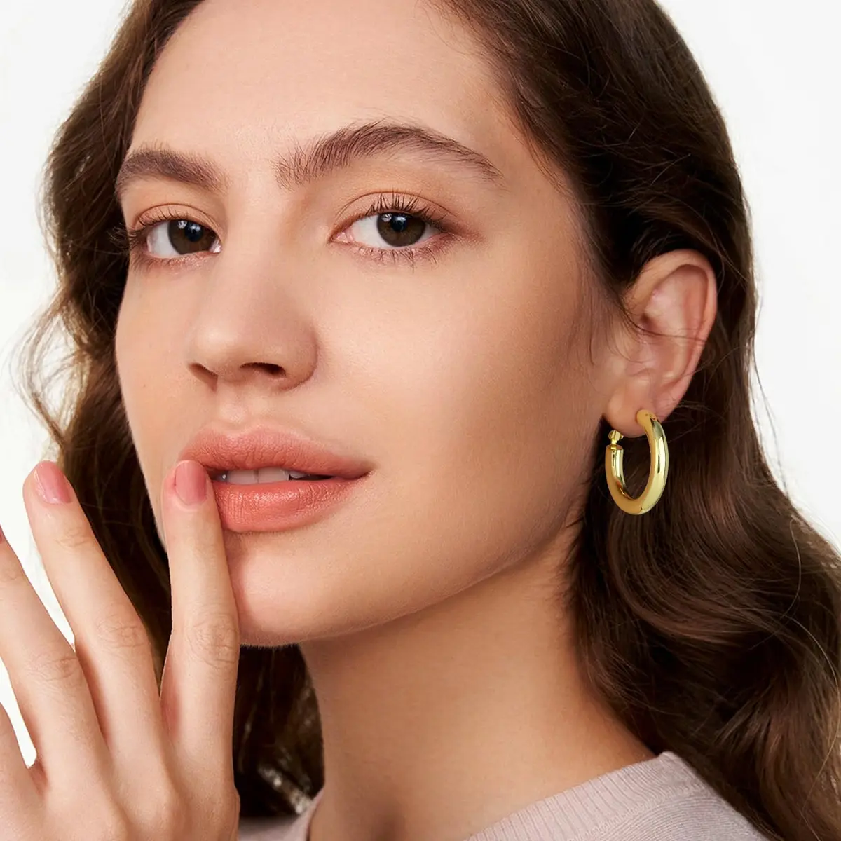shownii Chunky Gold Hoop Earrings - 14K Gold Plated Lightweight Hoops | Classic 30mm Diameter - view 2