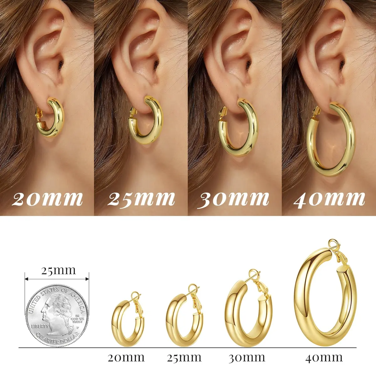 shownii Chunky Gold Hoop Earrings - 14K Gold Plated Lightweight Hoops | Classic 30mm Diameter - view 4
