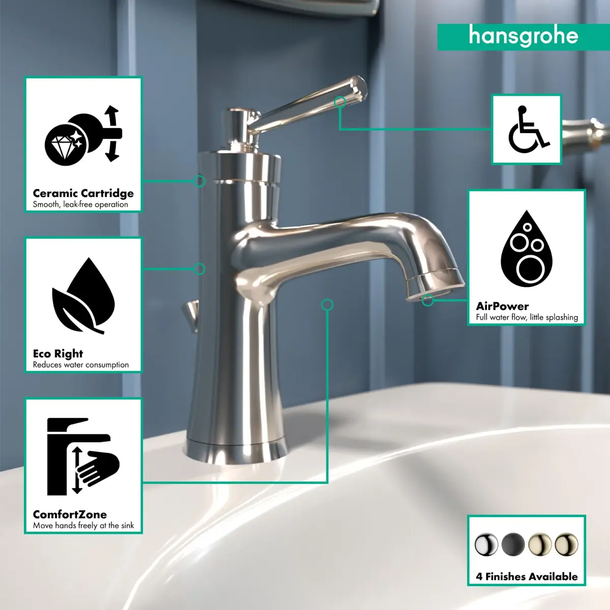 hansgrohe Joleena Single-Hole Bathroom Faucet with Pop-Up Drain, 1.2 GPM, 19.7 cm (7.75-Inches) Tall, Polished Nickel | ComfortZone 100 for Easy Use - view 3