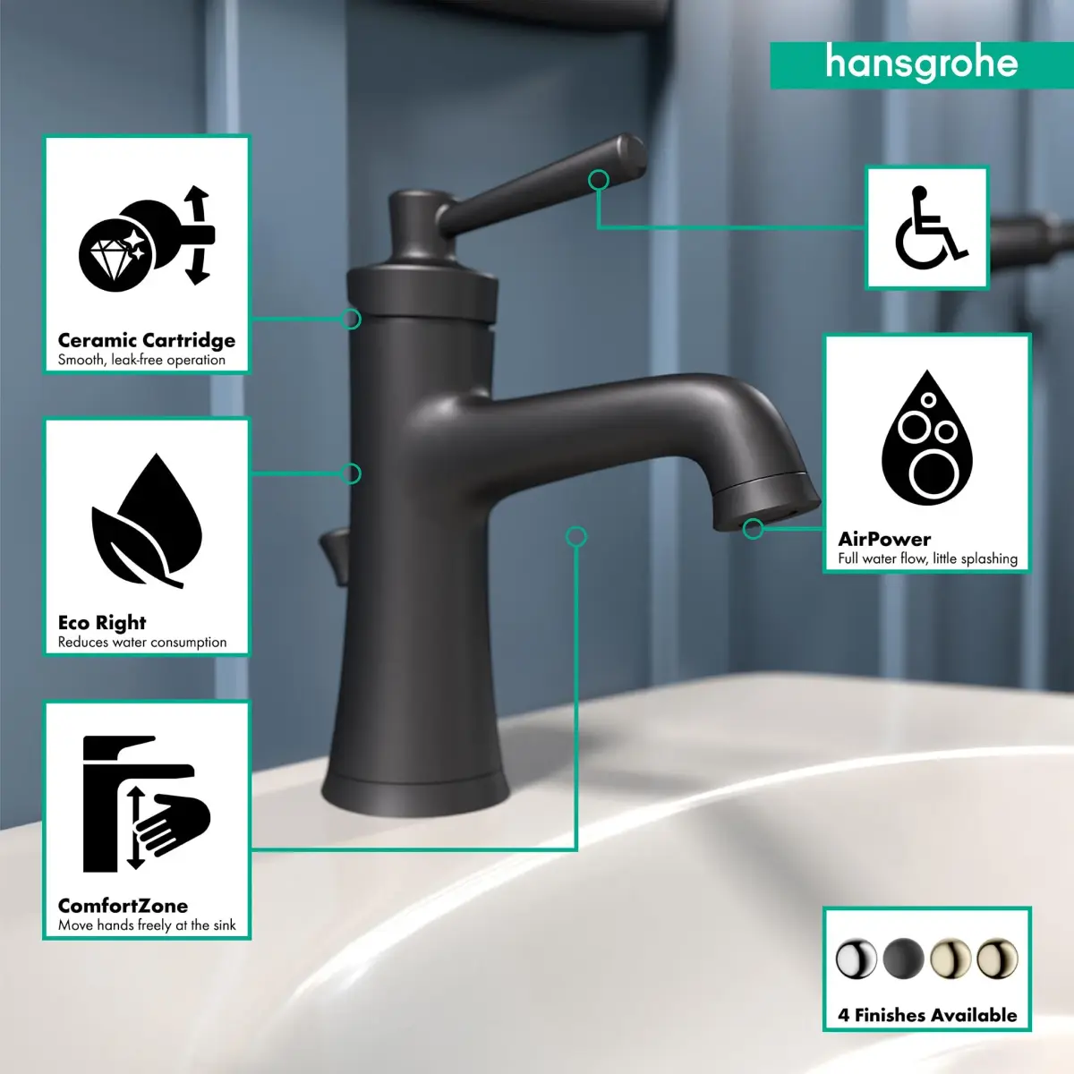 hansgrohe Joleena Single-Hole Bathroom Faucet with Pop-Up Drain, 19.7 cm (7.75 Inches) Tall, Matte Black | 1.2 GPM Water Saving - view 4