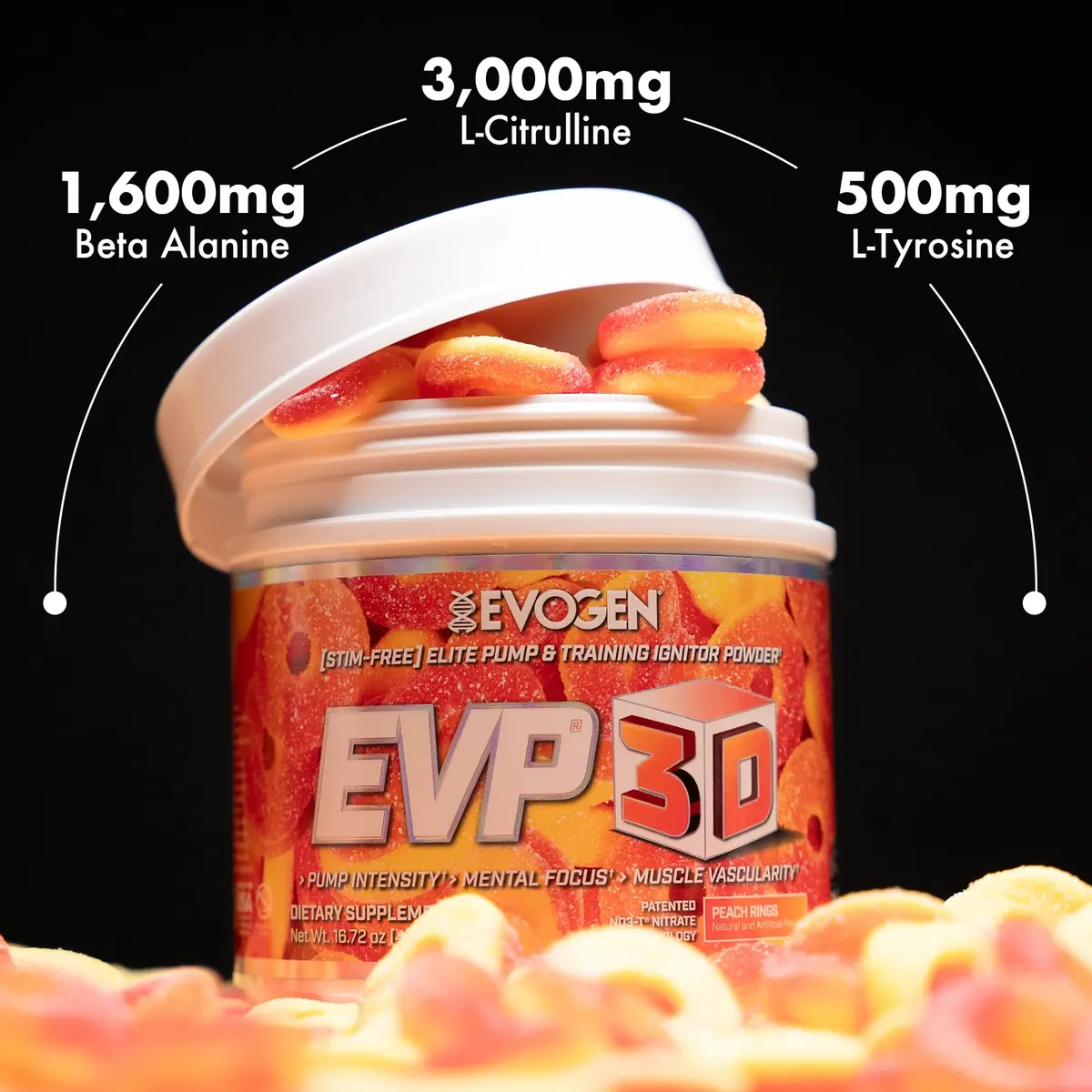 Evogen EVP 3D Stim-Free Pre-Workout Powder 40 Servings | Peach Rings | Caffeine-Free, Arginine Nitrate, L-Citrulline - view 5