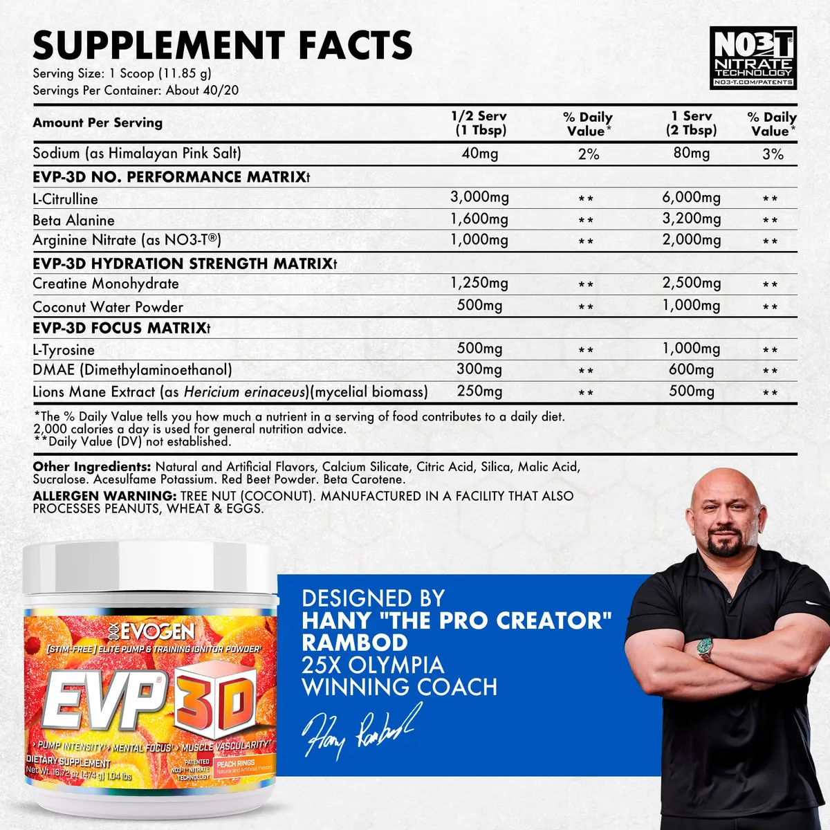 Evogen EVP 3D Stim-Free Pre-Workout Powder 40 Servings | Peach Rings | Caffeine-Free, Arginine Nitrate, L-Citrulline - view 2