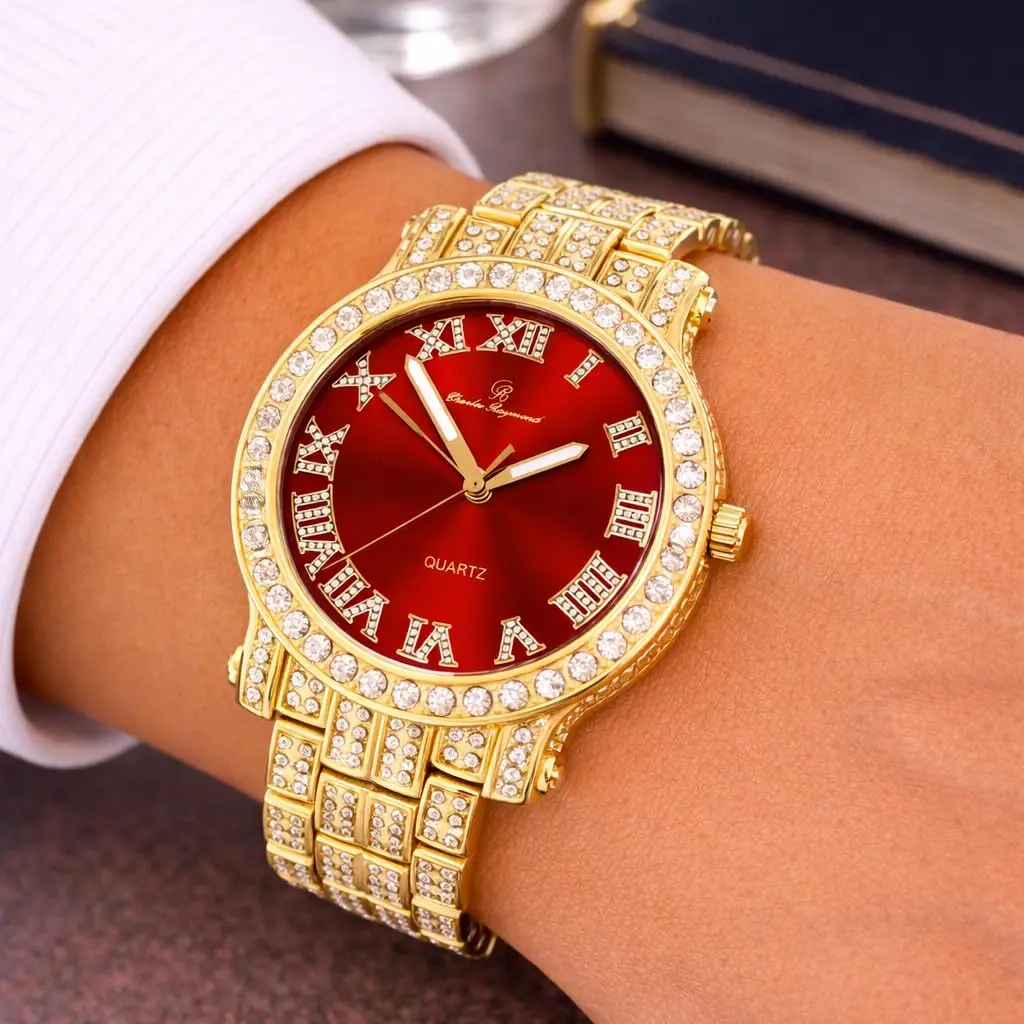 Charles Raymond Bling-ed Out Gold Hip Hop Mens Watch 36 Diamonds | Red Dial, 8.5" Adjustable - view 4