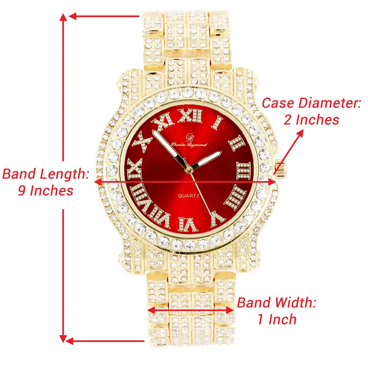 Charles Raymond Bling-ed Out Gold Hip Hop Mens Watch 36 Diamonds | Red Dial, 8.5" Adjustable - view 2