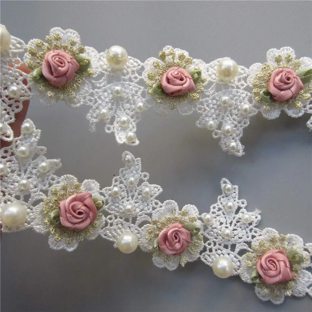Milcraft Decorative Ribbon Trim Floral Embroidered Lace 5cm | Vintage Gold Pearl Rose Flowers - view 5