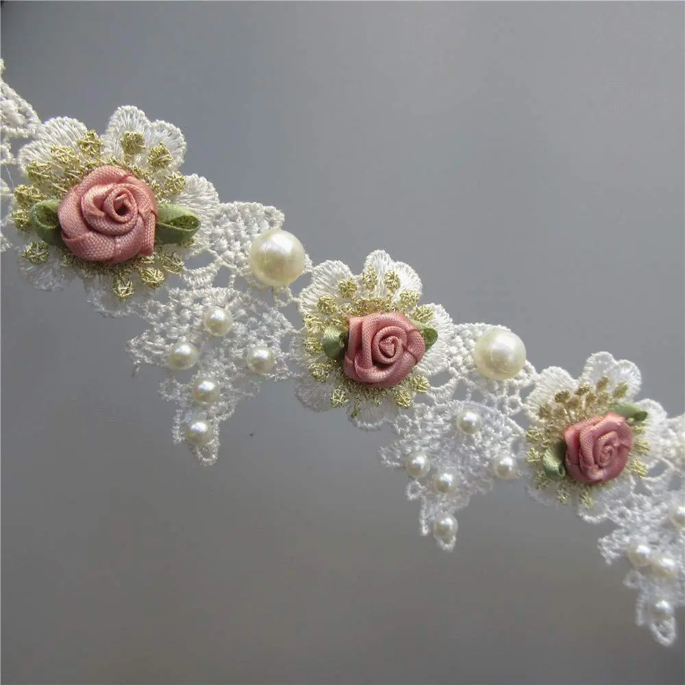 Milcraft Decorative Ribbon Trim Floral Embroidered Lace 5cm | Vintage Gold Pearl Rose Flowers - view 6