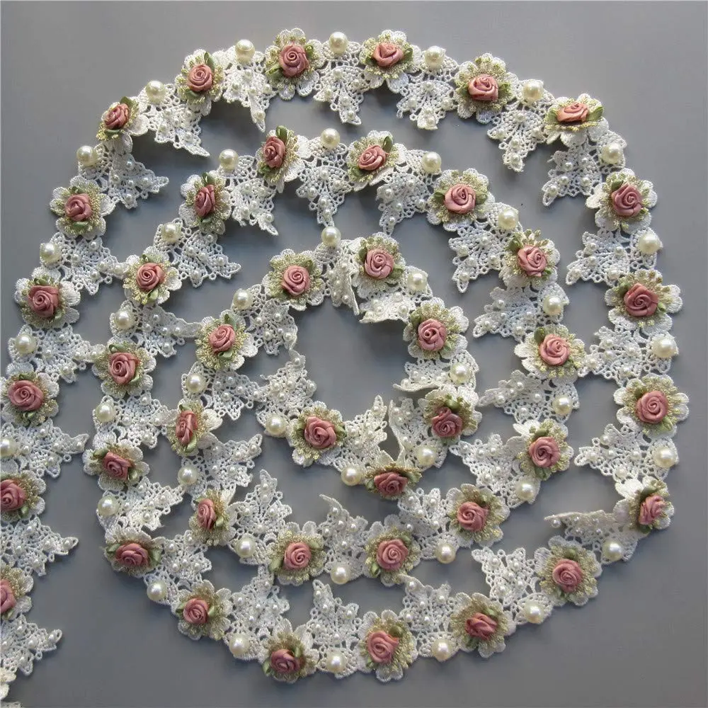 Milcraft Decorative Ribbon Trim Floral Embroidered Lace 5cm | Vintage Gold Pearl Rose Flowers - view 7