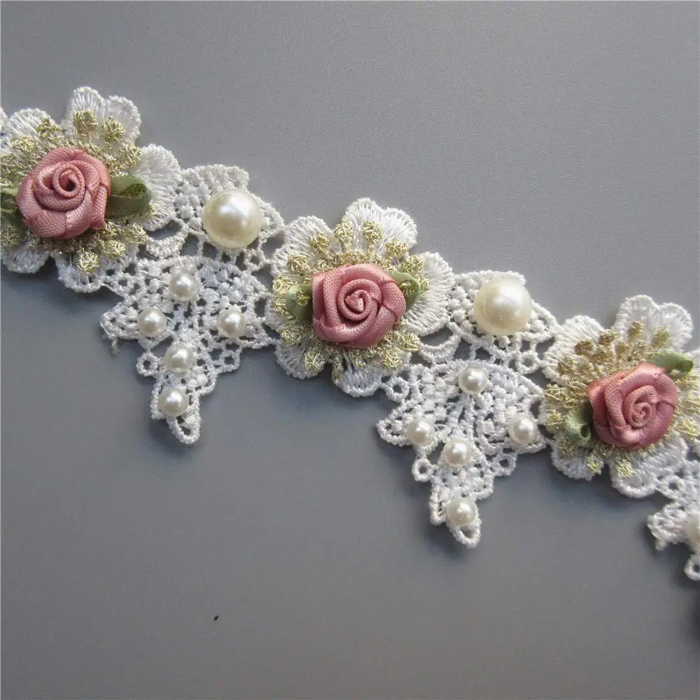 Milcraft Decorative Ribbon Trim Floral Embroidered Lace 5cm | Vintage Gold Pearl Rose Flowers - view 2