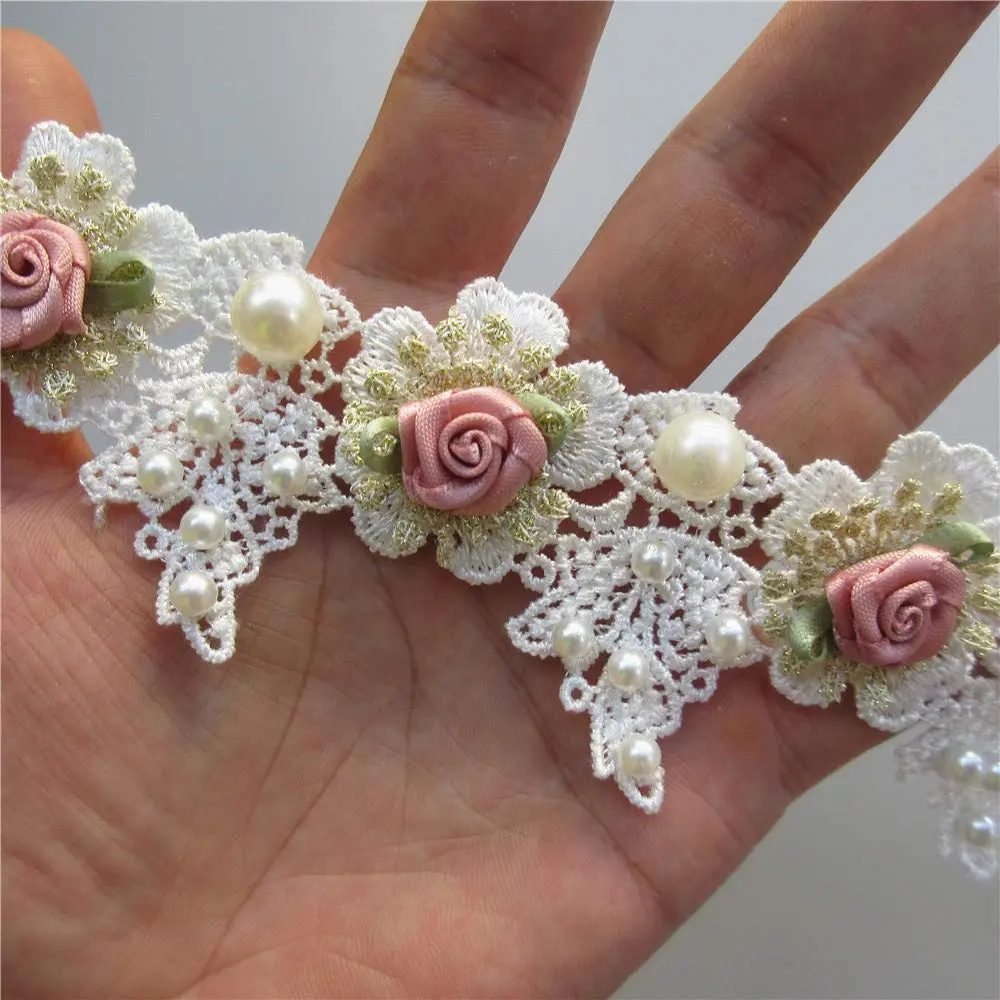 Milcraft Decorative Ribbon Trim Floral Embroidered Lace 5cm | Vintage Gold Pearl Rose Flowers - view 3