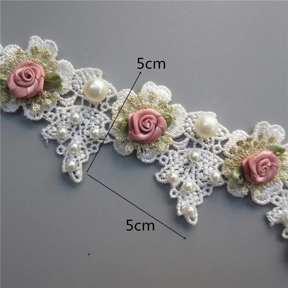 Milcraft Decorative Ribbon Trim Floral Embroidered Lace 5cm | Vintage Gold Pearl Rose Flowers - view 4