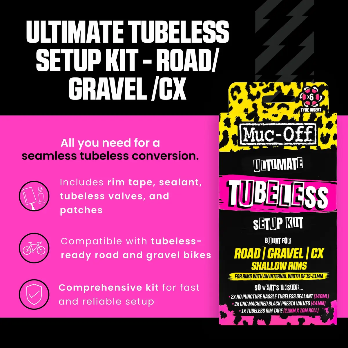 Muc-Off Ultimate Tubeless Setup Kit, Road/Gravel, 21mm Tape, 44mm Valve | Complete Bike Tubeless Conversion - view 2