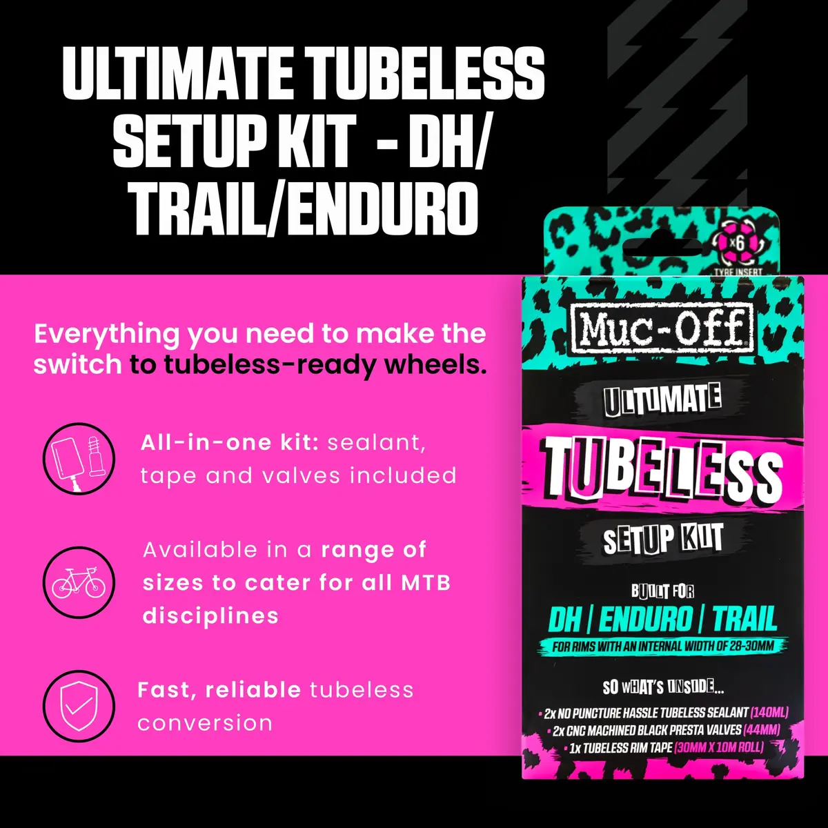 Muc-Off Ultimate Tubeless Setup Kit, DH/Trail/Enduro, 30mm Tape, 44mm Valve | Complete MTB & Road Conversion - view 2