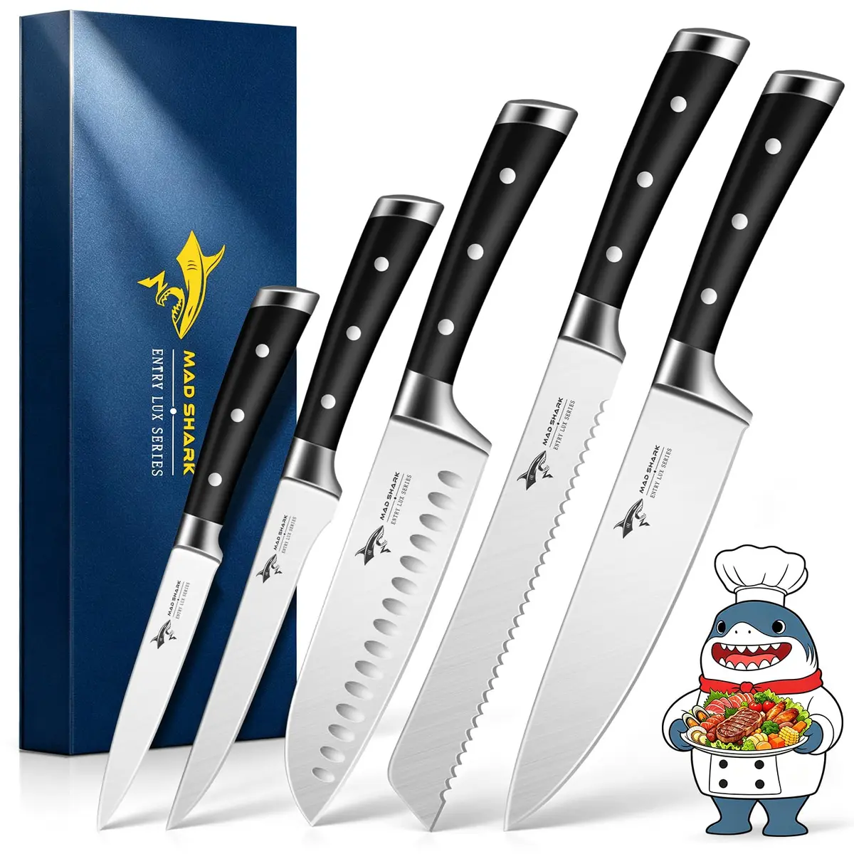 MAD SHARK Kitchen Knife Set 5 Piece | High Carbon German Steel, Ergonomic Handles, Dishwasher Safe - main product image