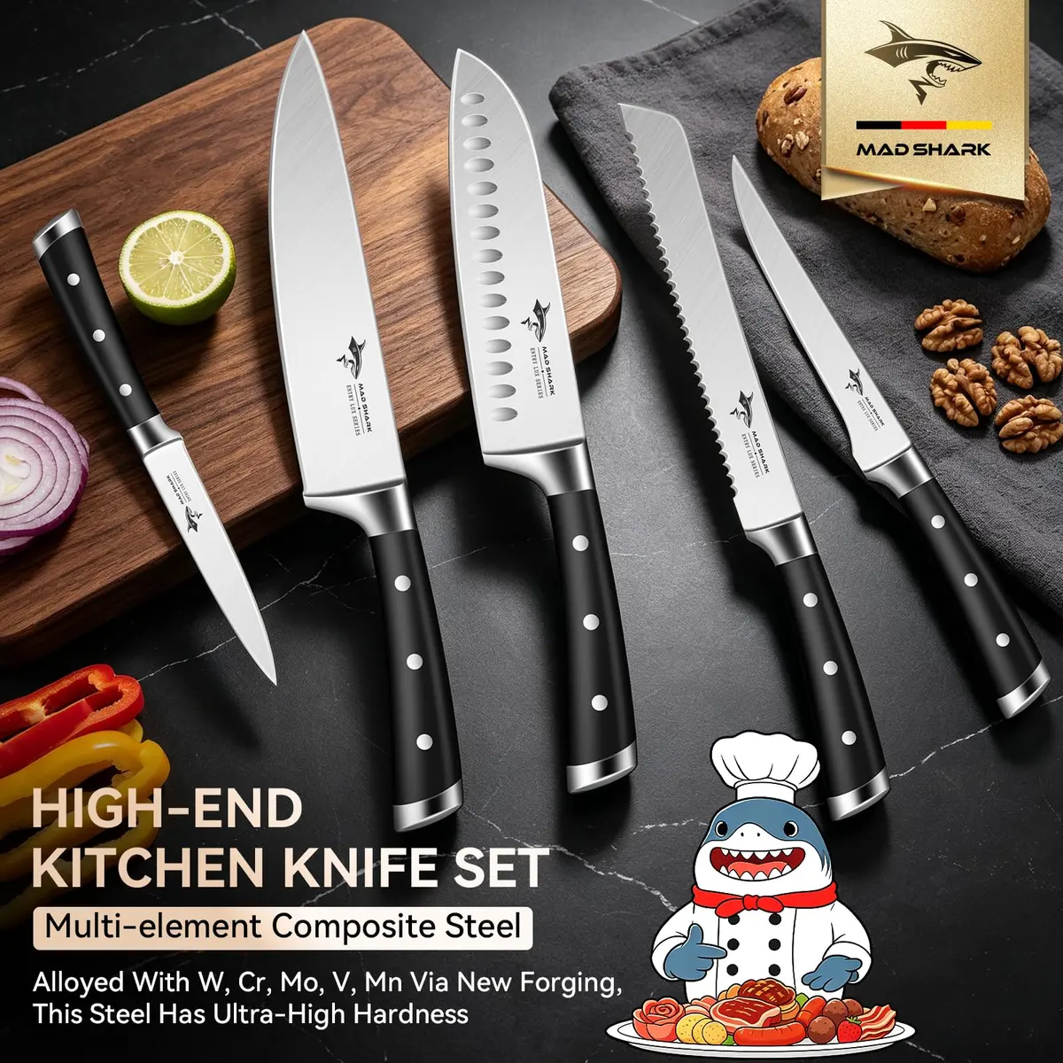 MAD SHARK Kitchen Knife Set 5 Piece | High Carbon German Steel, Ergonomic Handles, Dishwasher Safe - view 2
