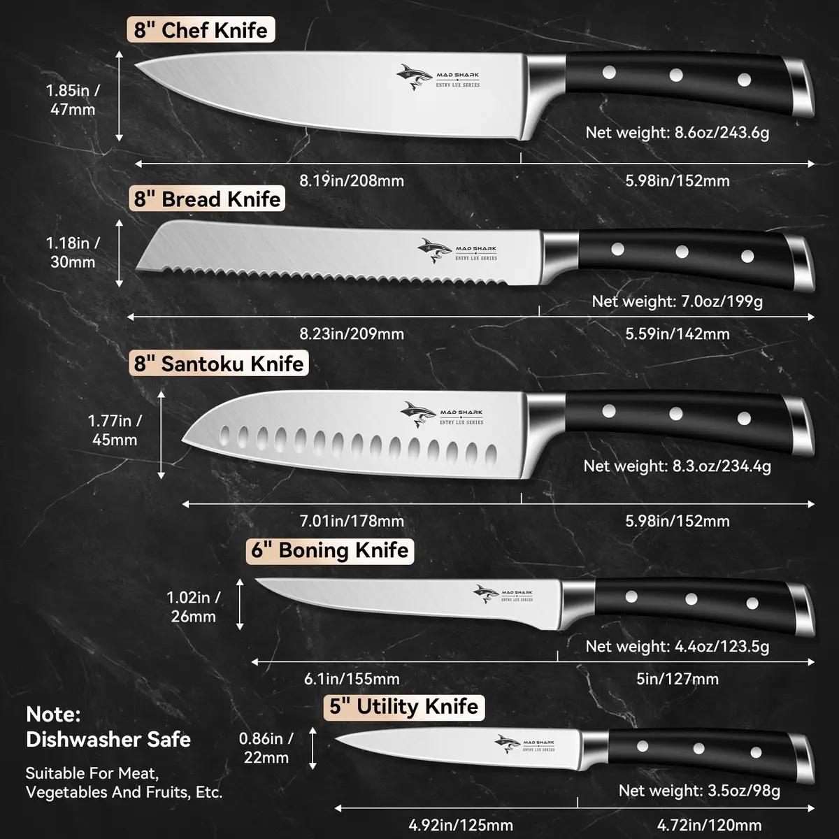 MAD SHARK Kitchen Knife Set 5 Piece | High Carbon German Steel, Ergonomic Handles, Dishwasher Safe - view 4