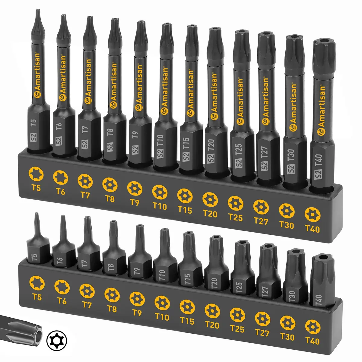 Amartisan Torx Bit Set, 24-Piece S2 Steel, 1" & 2.3" Long T5 - T40, Security, Tamper Resistant Fastener Drive Bit - main product image
