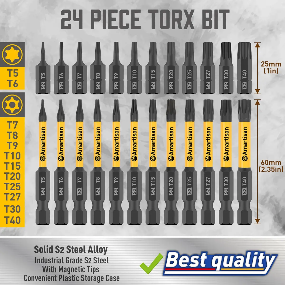 Amartisan Torx Bit Set, 24-Piece S2 Steel, 1" & 2.3" Long T5 - T40, Security, Tamper Resistant Fastener Drive Bit - view 6
