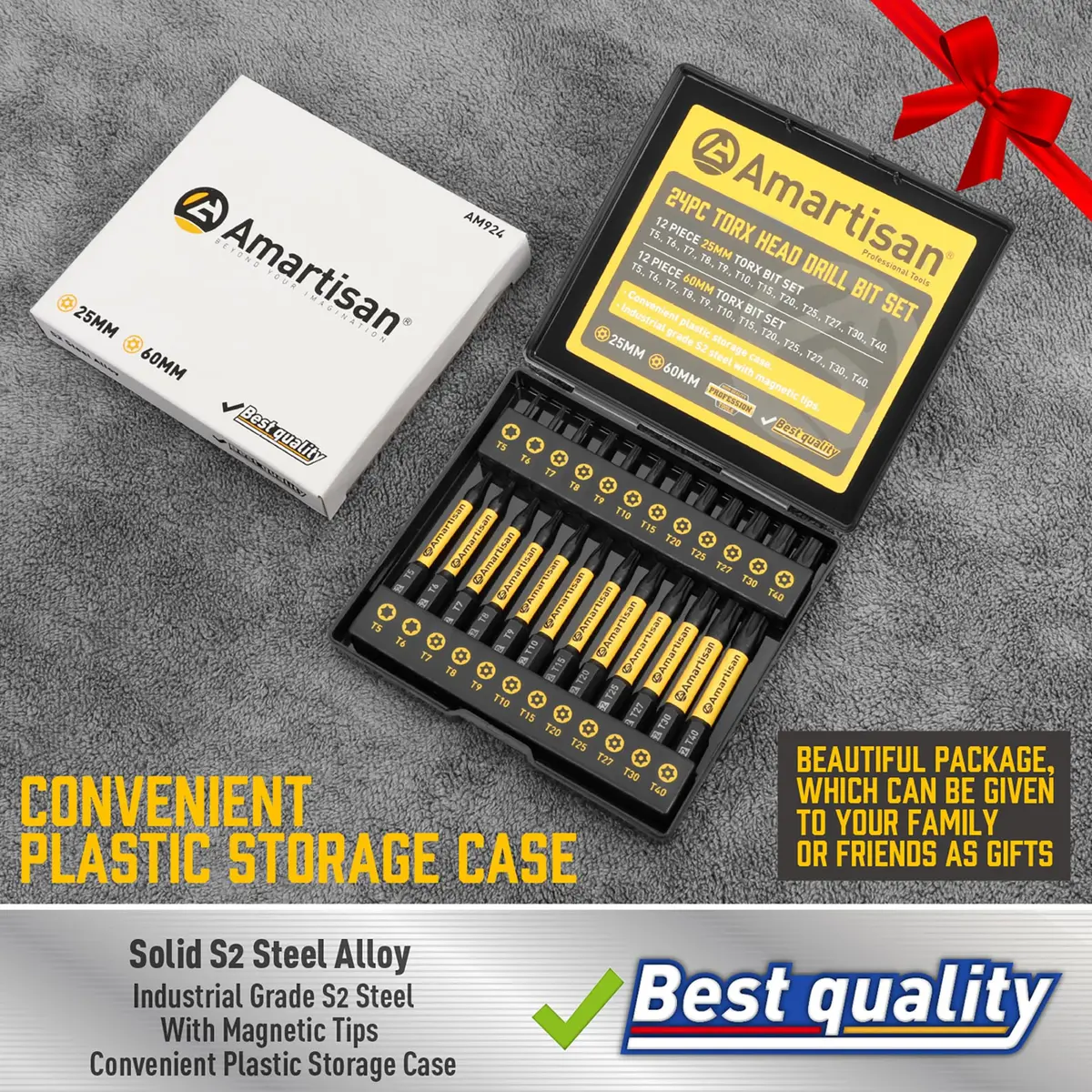 Amartisan Torx Bit Set, 24-Piece S2 Steel, 1" & 2.3" Long T5 - T40, Security, Tamper Resistant Fastener Drive Bit - view 2
